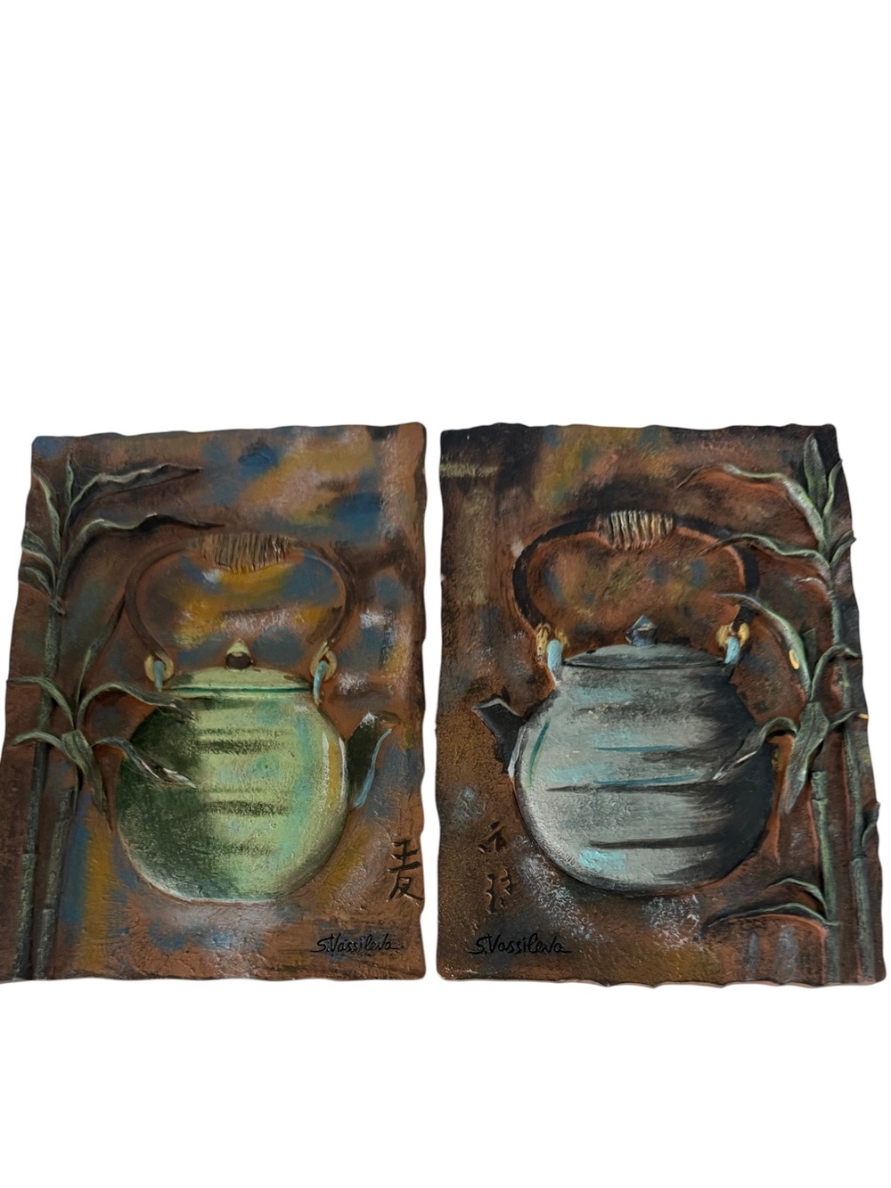 Handcrafted Green & Blue Teapot Relief Wall Sculptures by S.Vassileva artist